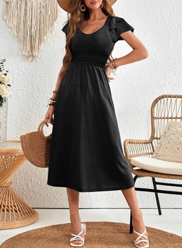 Image of Dokotoo Women's Ruffle Short Sleeve High Waisted Midi Dress 2025 Spring Summer Casual Crewneck A-Line Dress