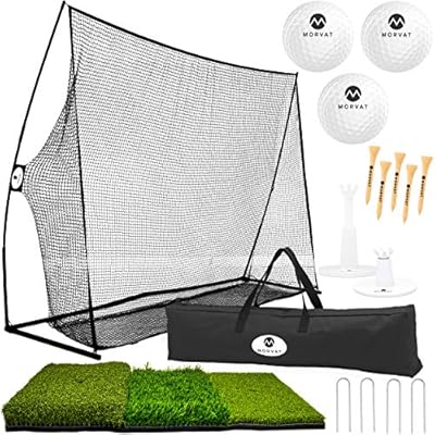 Morvat Golf Net Set, Golf Practice Mat and Golf Accessories, Golf Target Net for Backyard Driving | Golf Balls, Adjustable Tees, Wooden Tees and Carry Bag | for Indoor and Outdoor Use