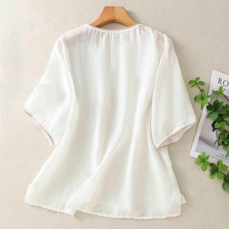 Women's Retro Cotton Linen Blouse Short Sleeve Loose Fit Summer Top
