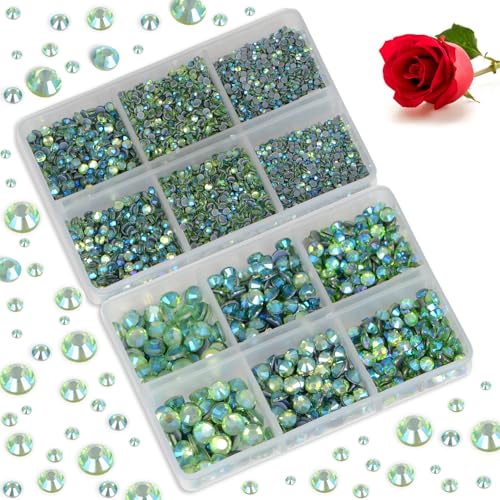 Image of Bymitel Hotfix Crystal Rhinestones Round Gems for Crafts,Mixed 6 Sizes with Wax Pencil Kit, Peridot AB 1.6-6.3mm SS4-SS30 /8000pcs