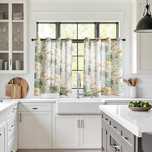 Image of MYSKY HOME Floral Linen Curtains 45 Inch Length Light Filtering Curtains for Kitchen /Nursery /Bathroom, Window Treatment Grommet 2 Panels, 52 inch Wide,Yellow and Natural