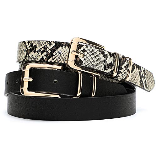 Earnda Women's Waist Belt For Jeans Dress, Pu Leather Pin Buckle Skinny Belt 2 Pack Black&Snake Large #TOP2