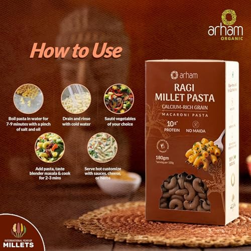 Image of Arham Organic Little & Ragi Millet Pasta Combo 2 x 180g | Healthy No Maida Pasta | High Fiber & Protein | Non-GMO, No Preservatives | Easy & Quick to Cook