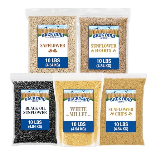 Image of CountryMax Wild Bird Seed Variety Pack 50lb, 5 Premium Seeds, 10lb Each | Includes five 10 lb bags of Safflower, Black oil sunflower, Sunflower chips, Sunflower hearts, and Millet with no fillers