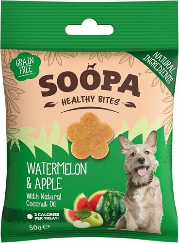 Soopa Watermelon & Apple Healthy Bites Human-Grade Grain-Free Natural Dog Treats for Small Dogs Medium Large Puppy Dog Training Treats Low Calorie Superfood Ingredients Vegan 50 g 1-Pack