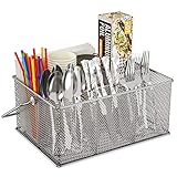 FURNINXS Utensil Silverware Caddy Cutlery Holder Organizer Countertop Mesh Flatware Caddies Stainless Steel with Handle for Party, Kitchen, Camping, Outdoor (Silver)
