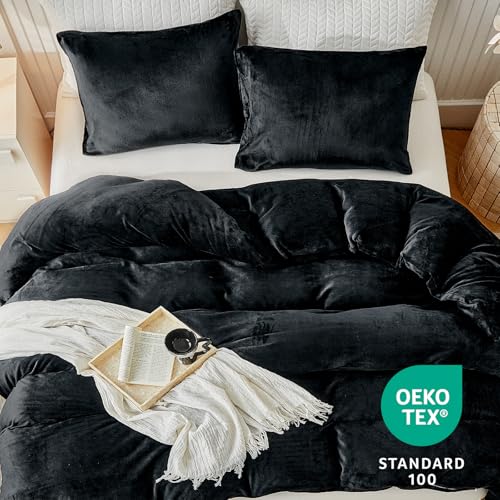Image of WARMDERN Black Velvet Duvet Cover Set Oversized King Plus, Luxury Milk Velvet Bedding Duvet Cover with Zipper Closure, 3pcs Ultra Soft Duvet Covers for All Seasons, 128 inch x 120 inch, Black