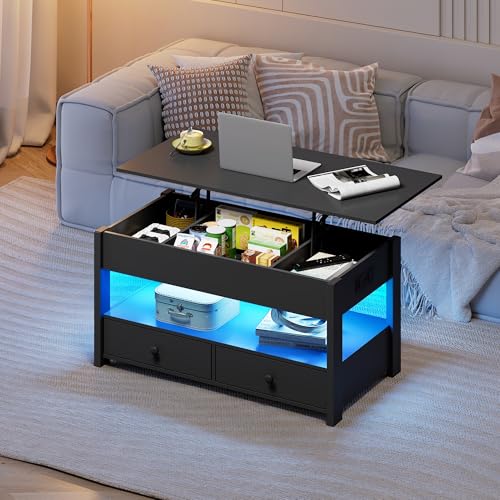 Image of WLIVE Lift Top Coffee Table with 2 Drawers Storage, LED Light, Black | Mid Century Modern Wooden Coffee Table, for Dining /Living Rooms /Offices; 39.4 inchW x 19.5 inchD x 19.1 inchH