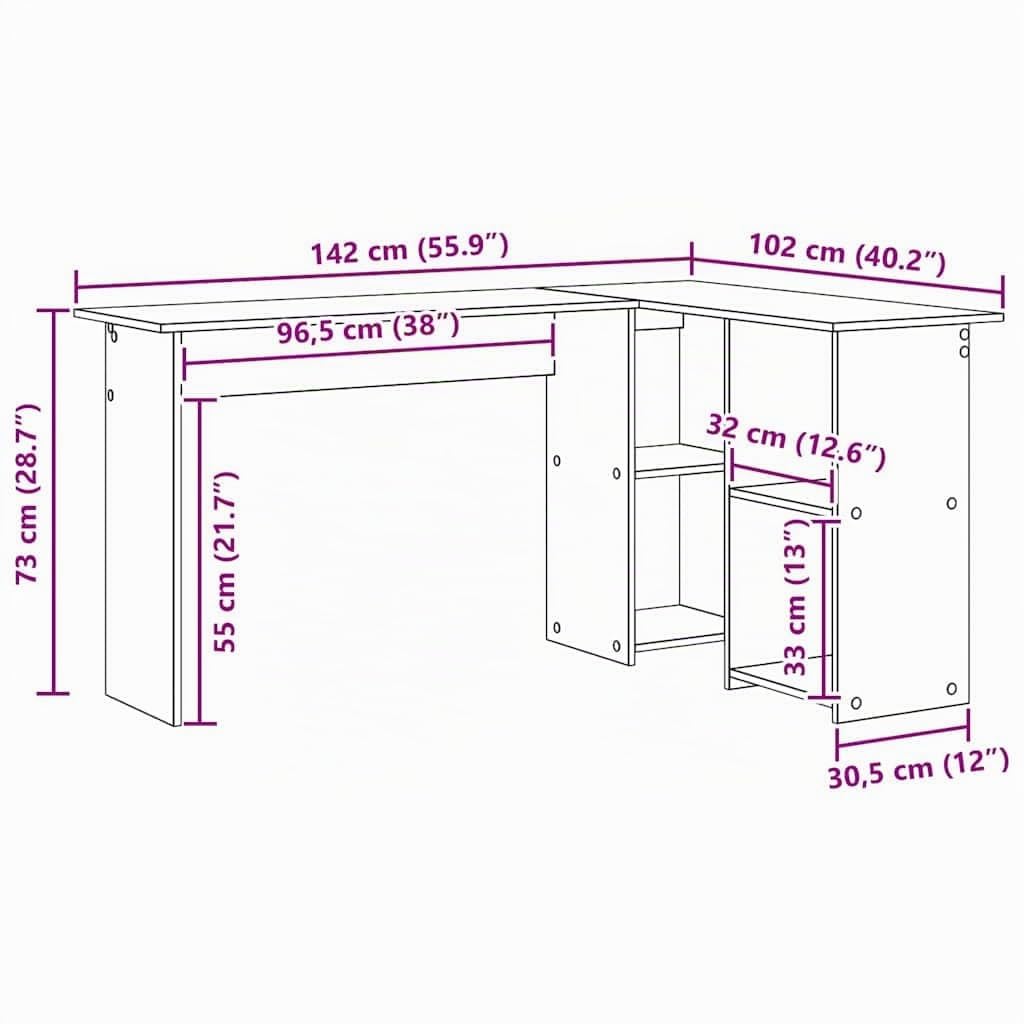 vidaXL Escritorio con Estante Madera Envejecida 142 x 102 x 73 cm, Escritorio Esquinero Moderno, Funcional para Oficina en Casa, Espacio de Trabajo Elegante y Material Resistente