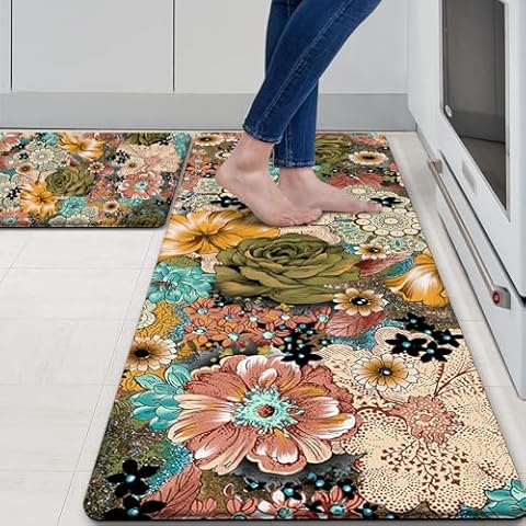 MAYHMYO Colorful Boho Kitchen Mats for Floor 2 Piece, Spring Floral Anti Fatigue Mats for Kitchen Floor, Flower Kitchen Mats Cushioned Anti Fatigue, Kitchen Rugs Non Slip, 17"x47"+17"x29" Cover