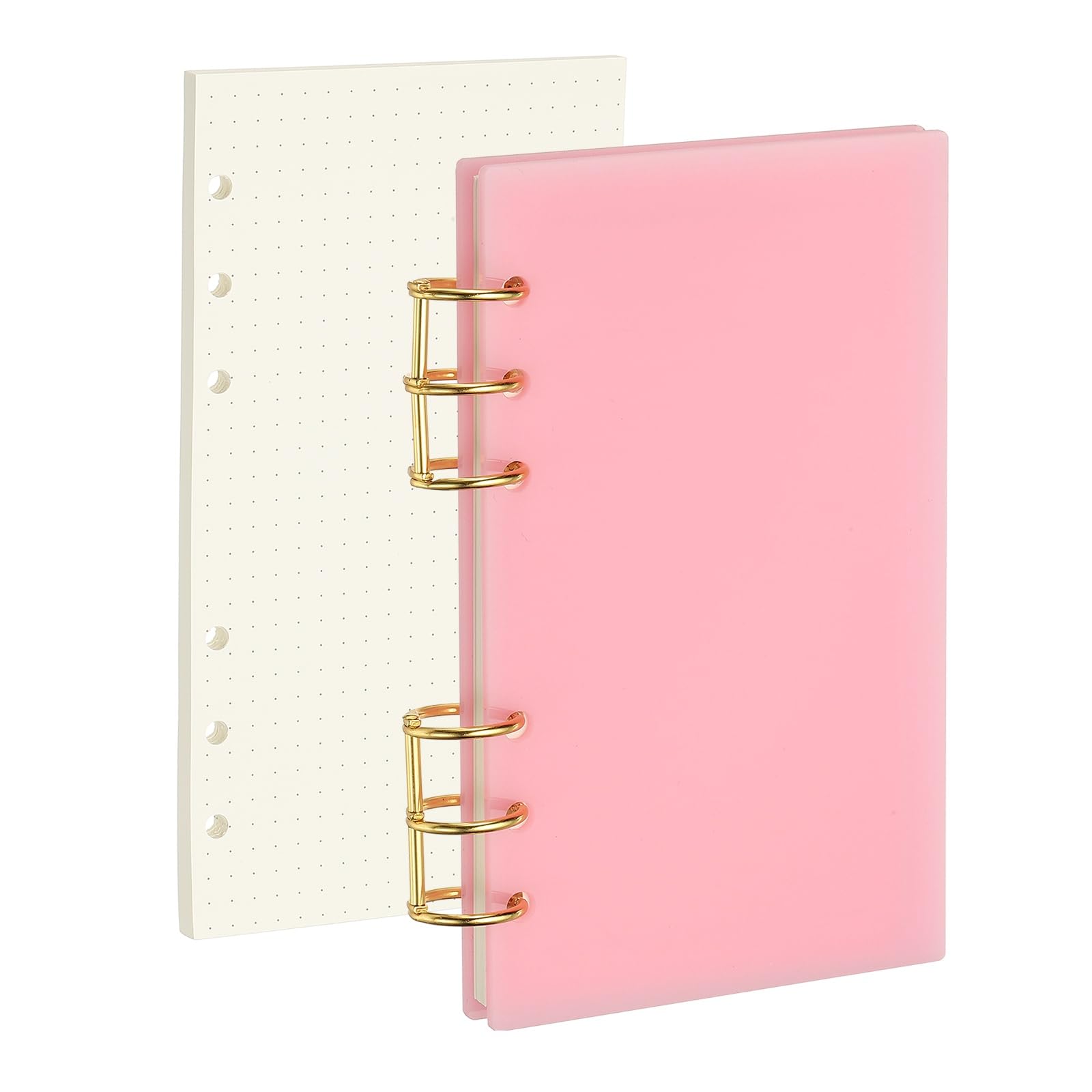 PATIKIL 6 Ring Binder Notebook Cover, A6 Acrylic Binder Notebook 2 Gold Metal Round Rings with 90 Sheets Dot Inner Papers for Travel Office Planner Budget, Pink