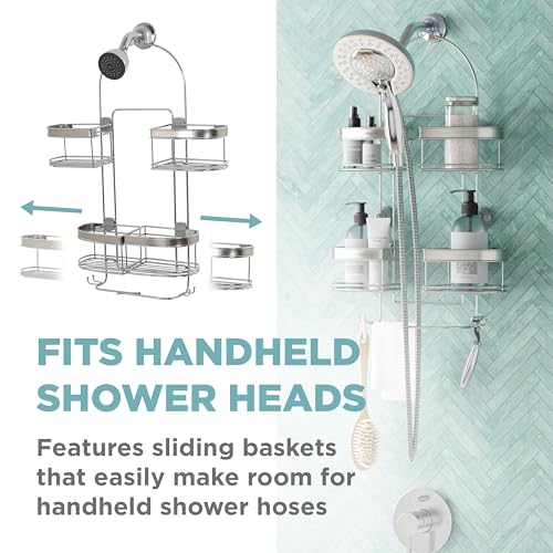 Zenna Home Rust-Resistant Hanging Shower Caddy for Handheld Shower Heads, Over the Shower Head Caddy with 2-Way Adjustable Baskets and Storage Hooks, Bathroom Hanging Organizer, Stainless Steel