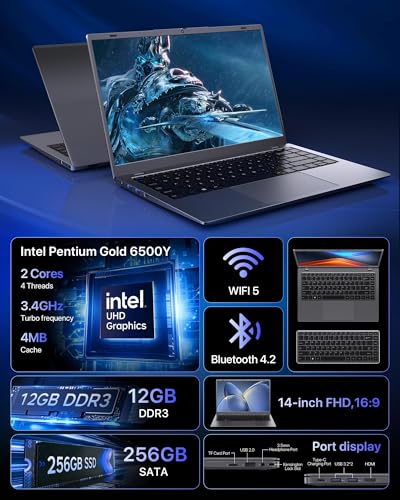 Image of 2026 Laptop, Pentium Gold 6500Y Processor(Up to 3.4GHz),12GB RAM 256GB SSD,14 Inch FHD IPS Display, 5000mAh Battery,Type-C,Portable Laptops Computer for Business Office Home