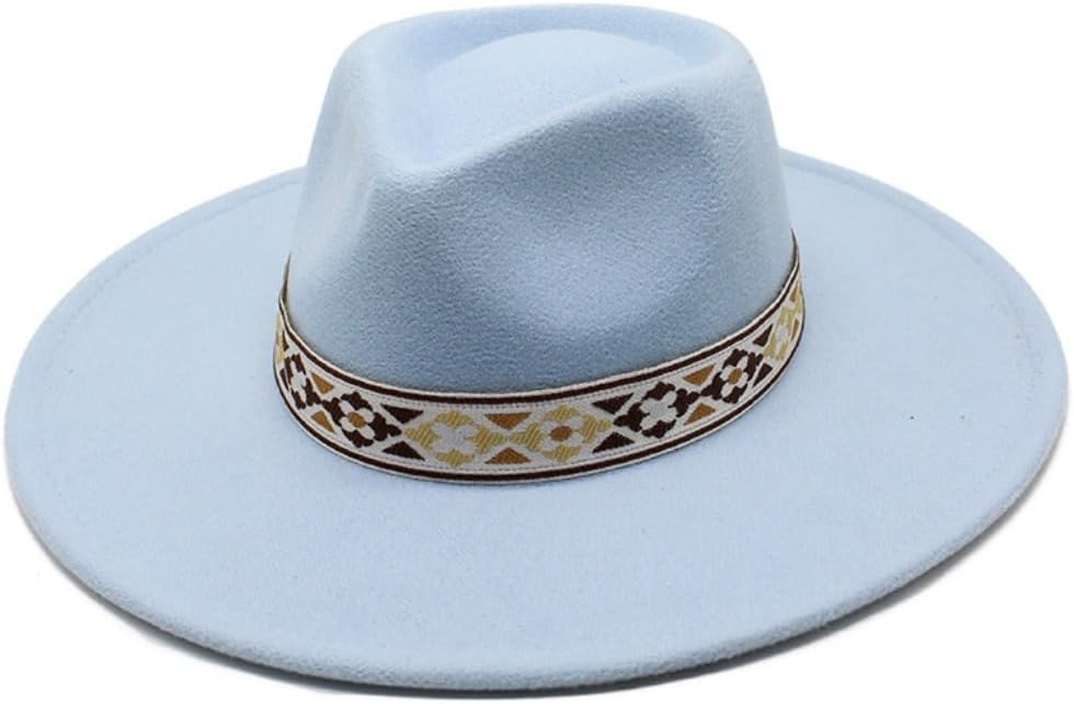 Wide Brim Felt Fedora Hat, White,Decorative Band, Classic Western Style