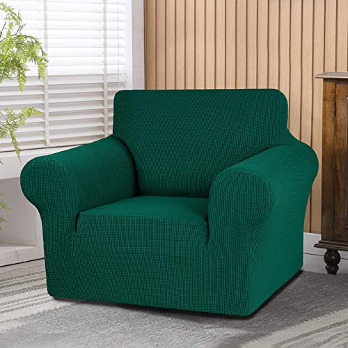 KEKUOU Stretch Single Sofa Slipcover 1 Piece Couch Sofa Cover (31"-55") Furniture Protector 1 Seater Sofa with Elastic Bottom for Kids,Pet.Jacquard Small Checked Pattern Fabric(Small,Hunter)