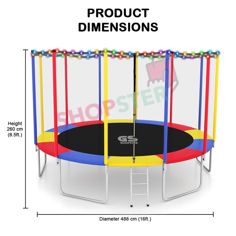 Image of Shopster Festive Edition 16 feet Heavy-Duty Jumping Trampoline for Adults & Kids with Safety Net, Remote-Control Waterproof LED Lights - Perfect for Indoor & Outdoor, Bouncer, Supports Upto 300kg