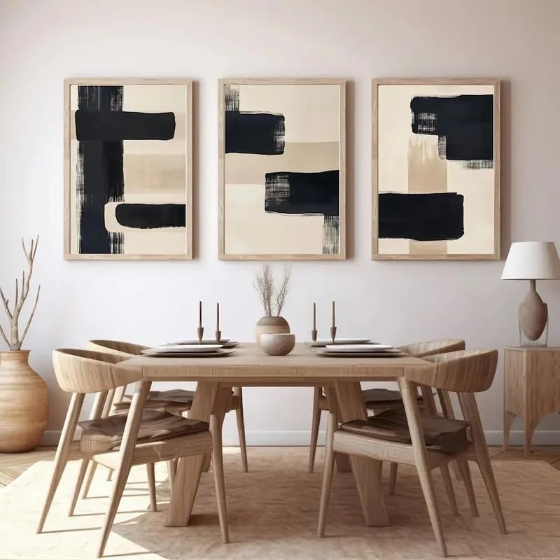 Cuadro abstracto beige y negro de 60x70 cm en lienzo moderno de tres piezas para salón
