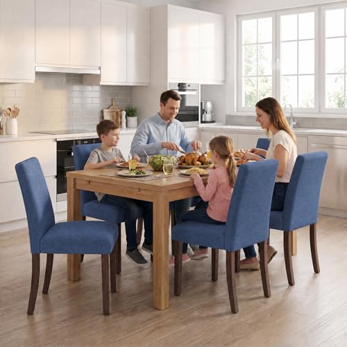 Image of Upholstered Dining Chairs Set of 4, Mid-Century Dining Room Chairs with Wooden Legs, Farmhouse Fabric Parsons Chairs for Small Space Restaurant & Cafe- Blue