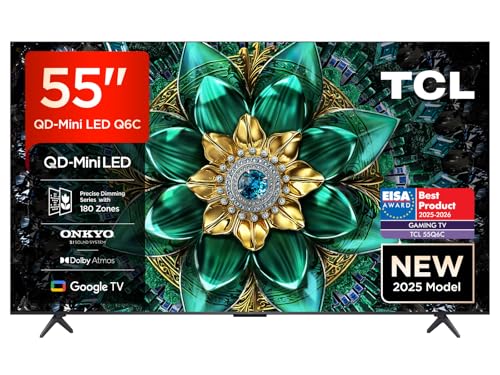 TCL 55Q6C 55' QD-Mini LED SMART TV, 4K HDR Premium 1000nits, con tecnologia Google TV (Dolby Vision IQ e Atmos, sistema audio Onkyo 2.1, Motion Clarity Pro a 144 Hz, Game Master)