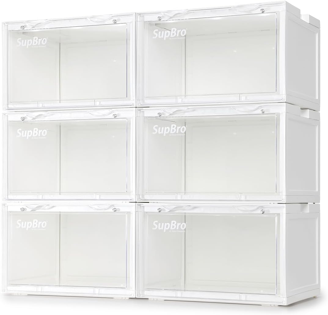 SupBro Led Collection Crate - Voice Control - Easy Access Storage Shoes box, Stackable Shoe Storage with clear plastic door for sneakers - (10.4 x 13.2 x 8.1 inch (6pack), White)