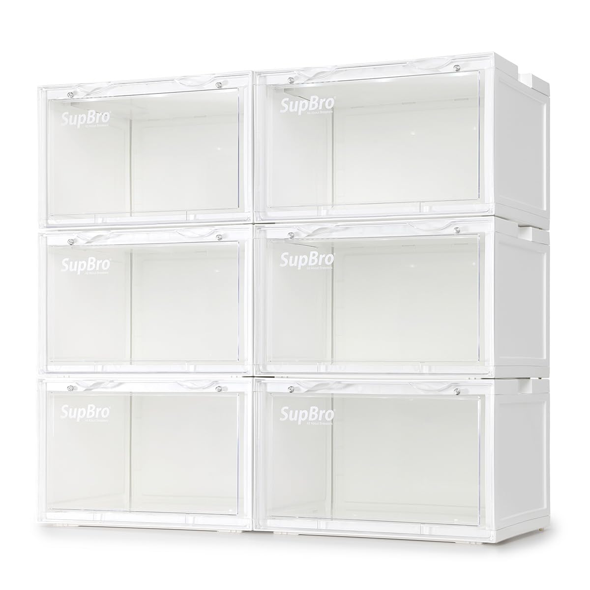 SupBro Led Collection Crate - Voice Control - Easy Access Storage Shoes box, Stackable Shoe Storage with clear plastic door for sneakers - (10.4 x 13.2 x 8.1 inch (6pack), White)