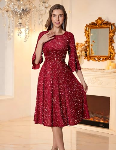 Image of HomRain Women's Church Dresses Modest Bell Sleeve Wedding Guest Cocktail Tea Party Vintage Evening Dress