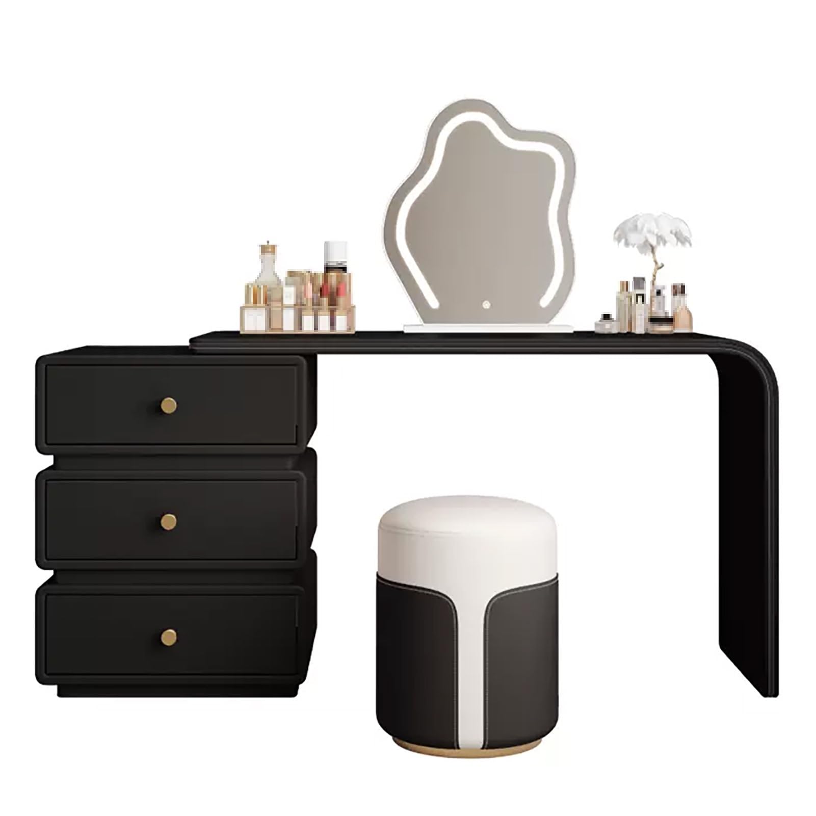 CGCSYZ Makeup Vanity Desk, Modern Vanity Table Set, Microfiber Leather Dressing Table, Vanity Makeup Table, with Side Cabinet and Stool, Adjustable Vanity Dresser Desk(Black-80cm/31.5in)