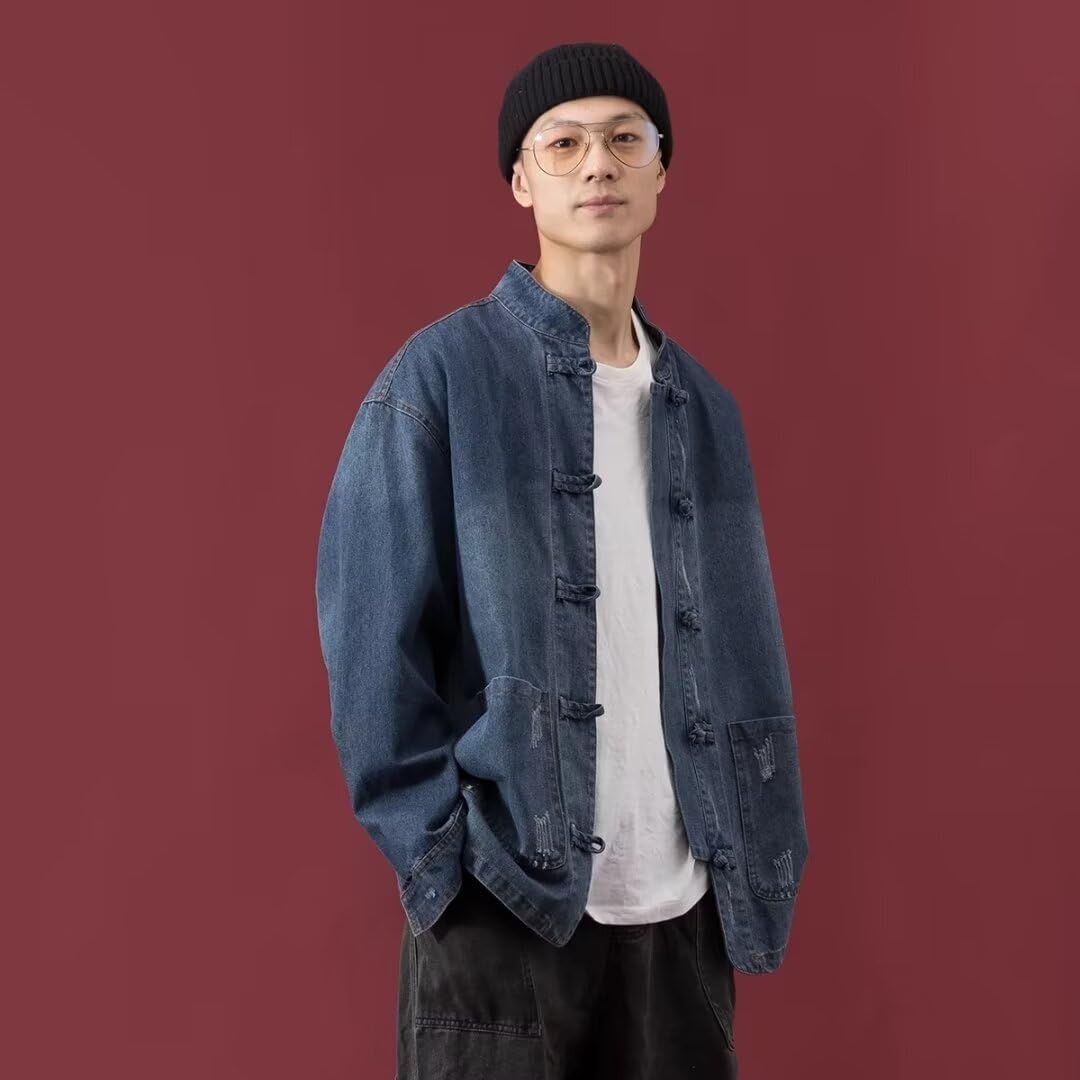 Veste en jean pour hommes avec boutons de costume Tang de style chinois - Veste de robe