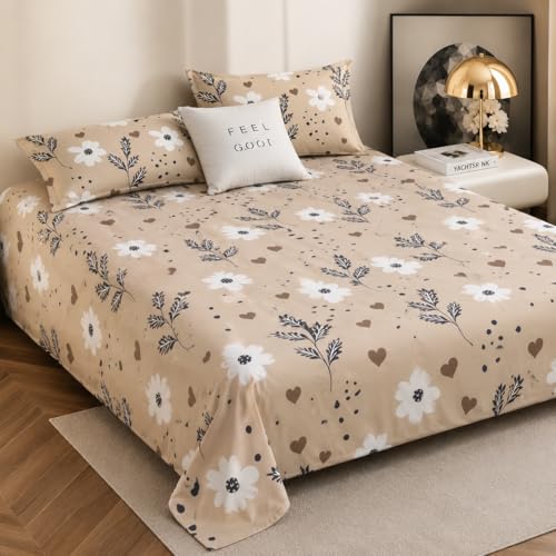 Image of Cotton Feel King Size Flat Bedsheet for Double Bed (90 x 100 Inches | 230 x 250 cm) with 2 Pillow Covers | Soft & Smooth Printed Bedsheet for Daily Use (CreamFlowers, King Bed-90x100)