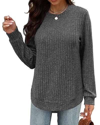 Beimuc Long Sleeve Shirts for Women Tunic Tops 2025 Fall Lightweight Crewneck Sweaters Loose Fit High Low Curved Hem2