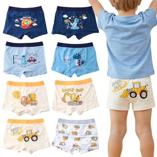 Samlonge Pack de 8 Calzoncillos Tipo Bóxer para Niño Algodón Suave, Diseño de Dinosaurio y Camión, Ropa Interior Elástica Cómoda para Niños de 2 4 Años
