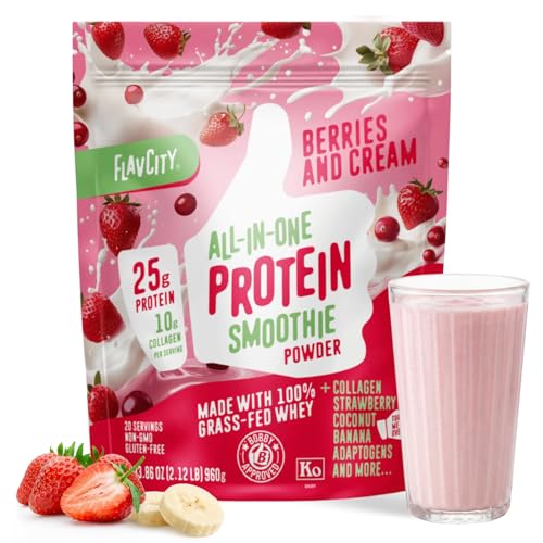 Image of FlavCity All in One Protein Shake Powder, Berries and Cream - On the Go Meal Alternative + Collagen Peptides, Reishi & Cordyceps - Focus, Skin, Hair & Joint Support - 100% Grass Fed Whey, 20 Servings