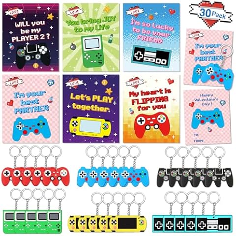 Letapapa 30 Pack Valentines Day Cards for Kids with Video Game Keychains, Valentines Day Gifts for Kids Classroom, Valentines Exchange Cards for Kids, Valentines Party Favors, School Classroom Prize Cover
