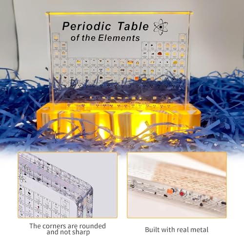 Image of Periodic Table with Real Elements Inside,Acrylic Periodic Table Display with 83 Real Elements Samples with Wooden Stand,Craft,Teaching Tool,Gift for Kid,Students,Teacher,Science Lovers Amber Base