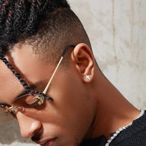 FUNRUN JEWELRY 3Pairs Stainless Steel Cross Earrings for Women Men - Hypoallergenic Tiny Dainty Studs, Lightweight & Comfortable Daily Wear - Gold Tone/Black/Silver Tone3