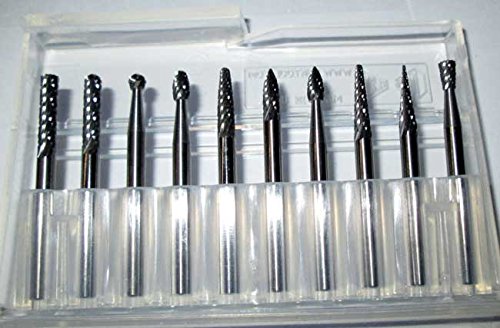 10 Pc. Made in USA 1/8" Head x 1/8" Shank Most Popular Tungsten Carbide Burr Set