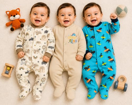 Image of EIO 100% Cotton Baby Rompers Sleepsuits Jumpsuits Night Suits for Newborn Baby Boys & Girls | Soft Infant Bodysuit | Pack of 3 Kids Rompers