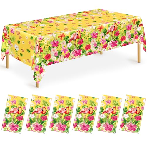 Image of QZYL 6 PCS Luau Tablecloths, 54 x 108 Inches Hawaiian Table Cloths, Disposable Luau Party Supplies Tropical Decorations with Flamingo Palm Leaves, Aloha Party Decorations Summer Decor for Tiki Bar