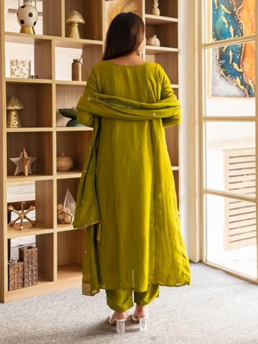 Image of VredeVogel Women's Silk Blend Embroidered Anarkali Kurta with Pant & Dupatta Set | Festive & Casual Women Ethnic Kurta Set for Women