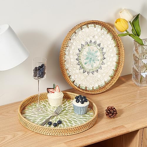 Kmelep Round Rattan Tray with Mother of Pearl Inlay, Rattan Serving Tray with Wooden Base, Decorative Wicker Basket for Table Decor, Storage and Display of Coffee Bread Food Fruit (Bohemia)