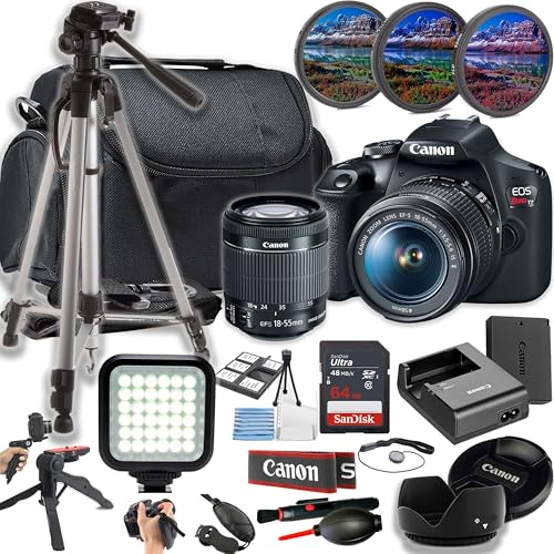 Canon EOS Rebel T7 / EOS 2000D 24MP DSLR Camera w/EF-S 18-55mm f/3.5-5.6 is II Lens + LED Light + 64GB Memory + Filters + Case + Tripod + Grips + Hood, and More (24pc Bundle) (Renewed)