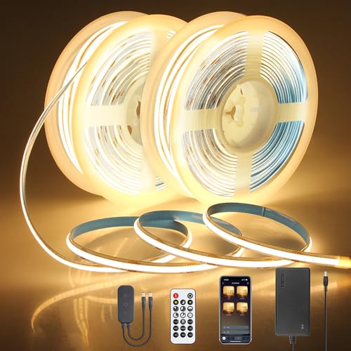131.2FT 24V COB Led Strip Lights 3000K with Dam-Process Dimmable LED Light Strips with Remote Warm White 480LED/M Bright Flexible COB LED Tape Light for Bedroom Cabinet Stairs Corridor(40M/2roll)