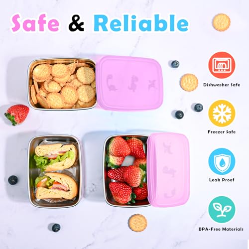 Image of Tanjiae 3-Pack Stainless Steel Snack Containers for Kids & Toddlers - 550ml (18oz) Leakproof Colorful Lids with Cute Dinosaurs | LFGB Certified, Stackable Metal Lunch Box for Daycare, School, Travel