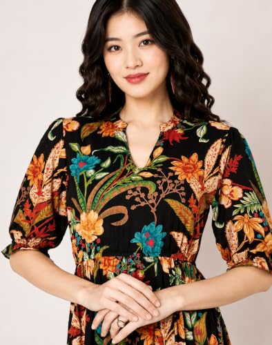 Image of LABEL ADRIJA Pure Cotton Calf Length Midi Dress for Women Floral Print | Flared Anarkali Dress Puff Sleeves
