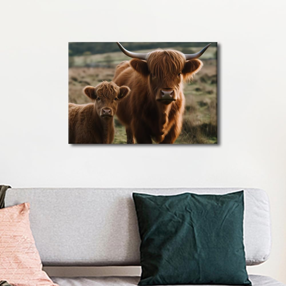 1 Panels Highland Cow and Calf in Field Picture Livestock Animal Portrait Farmhouse Wall Decor Canvas Print Bathroom Painting Cattle Artwork Kitchen Living Room Nursery Home Ready to Hang (12"Wx18"H) - Image 4