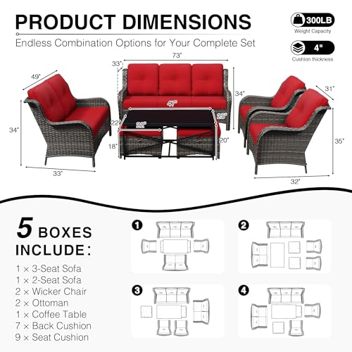 Image of Joyside 7 Piece Wicker Patio Furniture Set, Rattan Patio Chairs with High Back, Deep Seating, Wide Armrest, Thickened Cushions, Outdoor Furniture for Deck, Porch Use