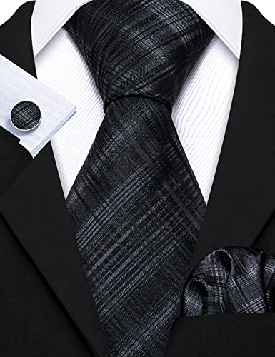 Image of Barry.Wang Plaid Ties Check Mens Necktie Set with Handkerchief Cufflinks Classic Stripe