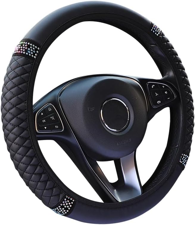 Funda de cuero brillante para volante, funda de cuero suave de 15 pulgadas con diamante de cristal colorido, protector universal antideslizante para