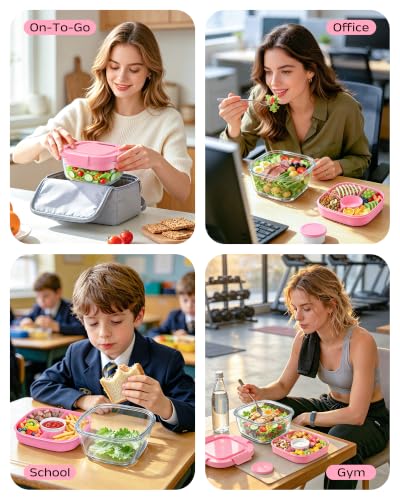 Image of Glass Salad Container,56oz Salad Bowl To Go for Lunch with Airtight Lid,Leak-Proof Sauce Container,4-Compartment Bento Tray & Reusable Fork - BPA-Free Glass Lunch Box for Meal Prep,Office（Pink）