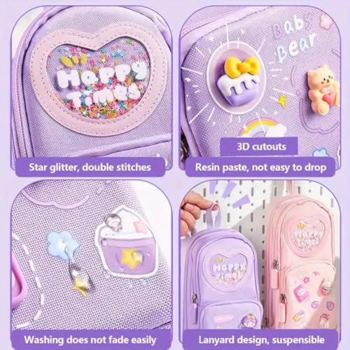 Image of Canvas Premium Pencil Case, 6 Layer, 3 Compartments, Large Capacity, Cute Aesthetic Design For Girls, Multifunctional Pouch For School Kids, purple